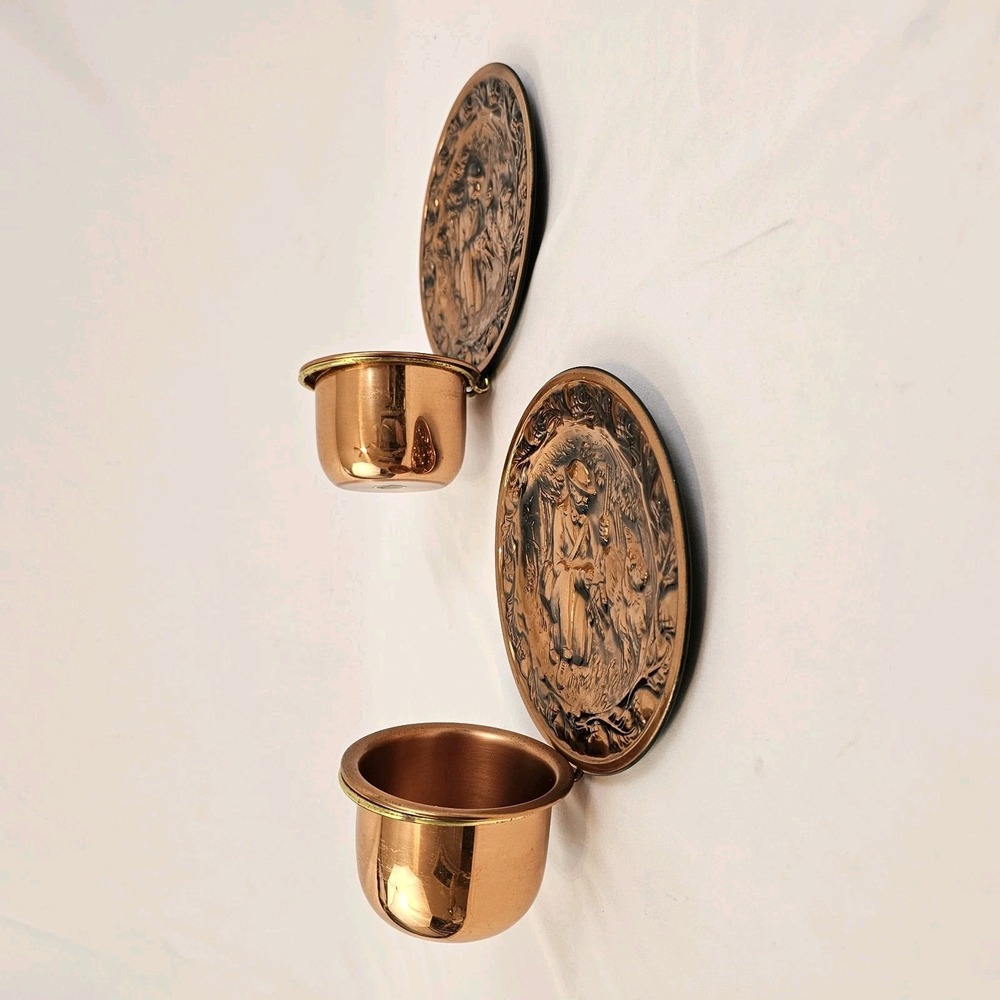 Vintage Coppercraft Candle Holder Pair Wall Pocket Planter Hunting Dogs - Picture 8 of 13